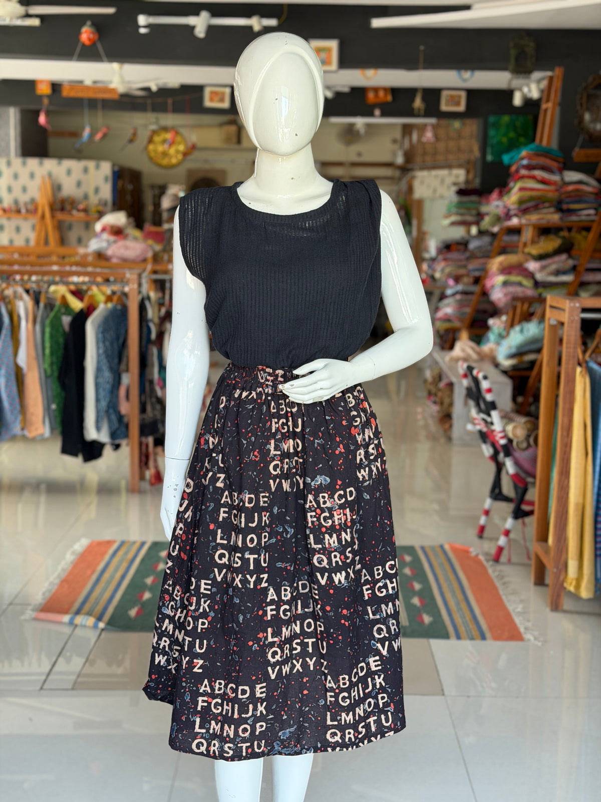 Black ABC alphabet hand block printed Ajrakh cotton skirt