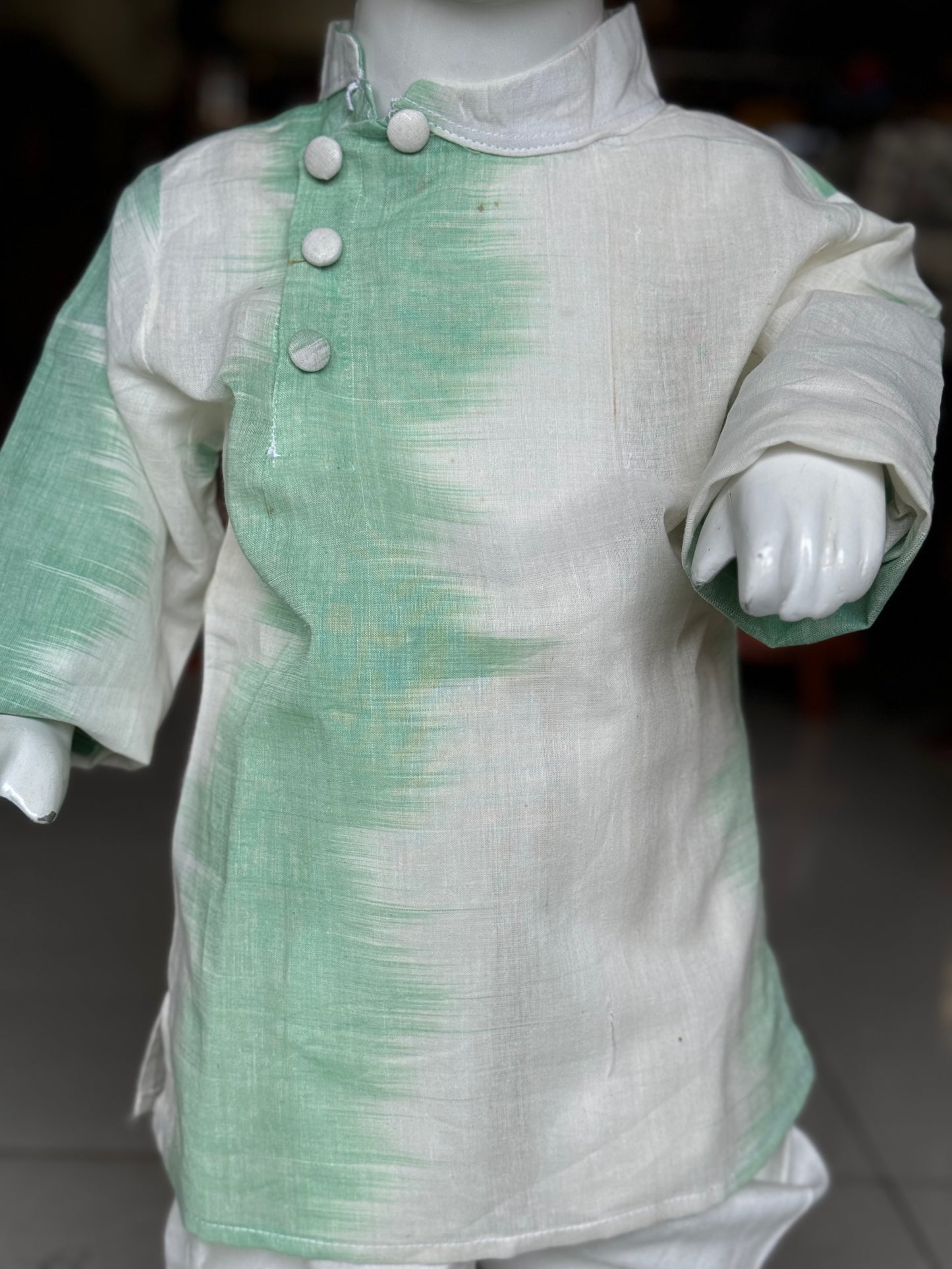 White and green cotton handwoven long kurta for boys with side placket