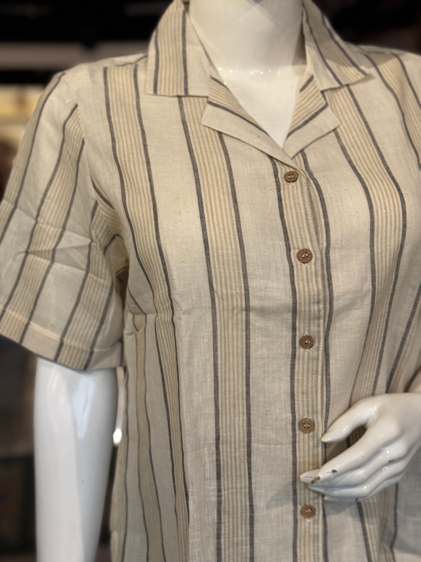Grey Beige stripes on cream soft handwoven cotton collared shirt for women