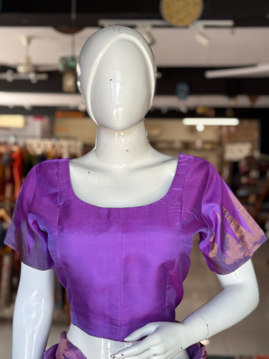 Lavender pure silk handwoven Gadwal blouse with zari kuttu temple border for sleeves - back open
