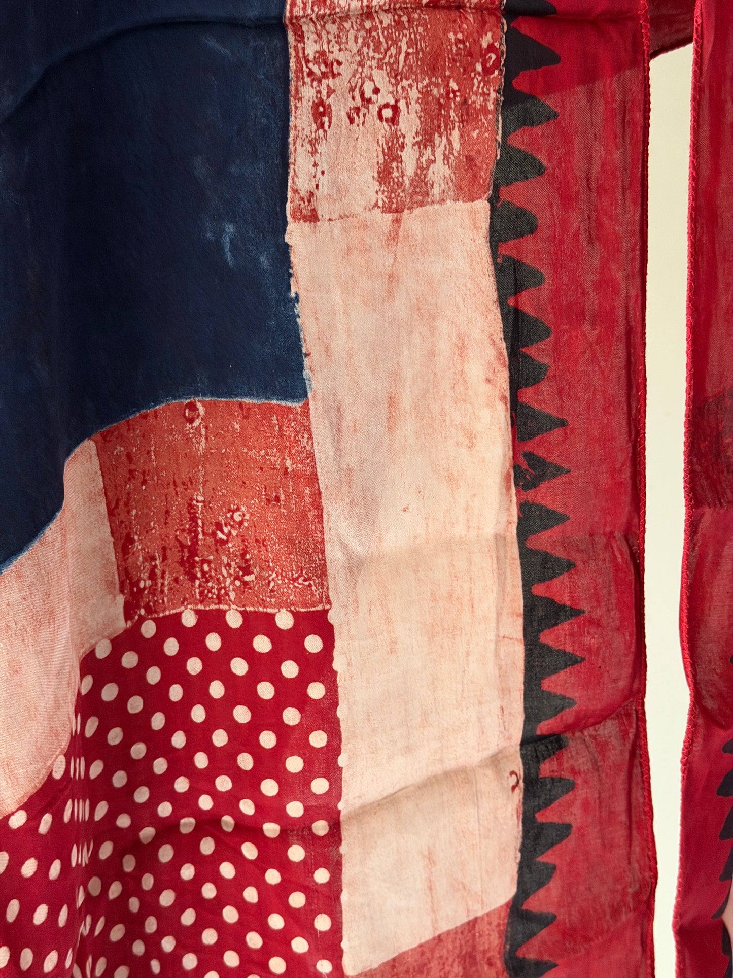 Red, blue and beige rectangles print Ajrakh hand block printed soft modal stole