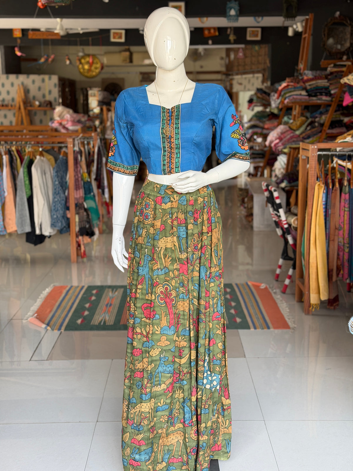 Green forest theme hand painted pen Kalamkari silk lehenga
