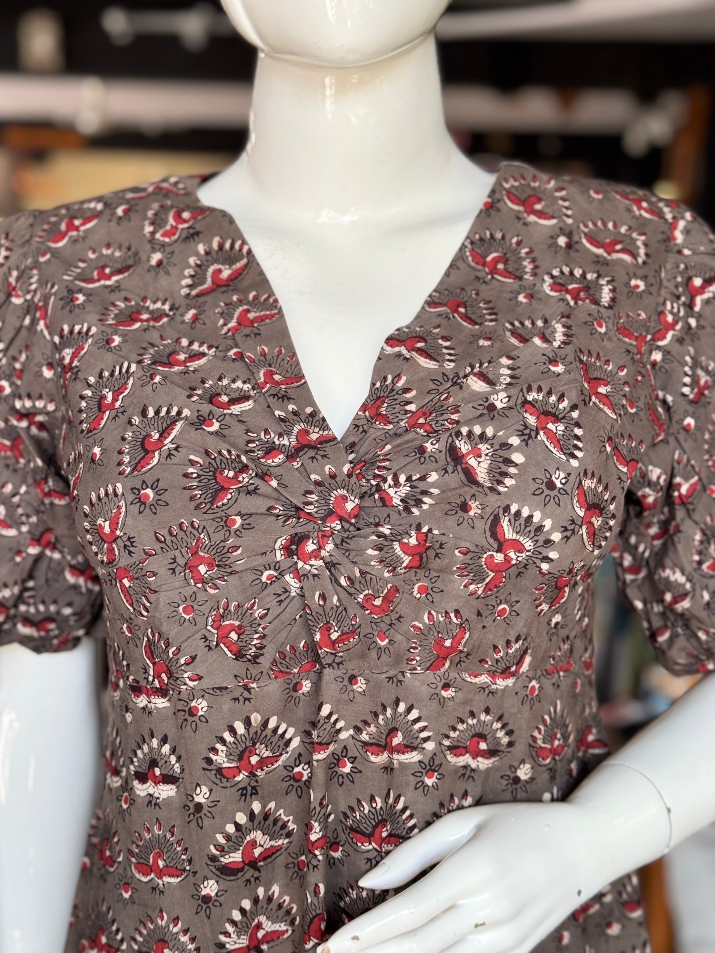 Grey peacock hand block printed twisted front cotton dress