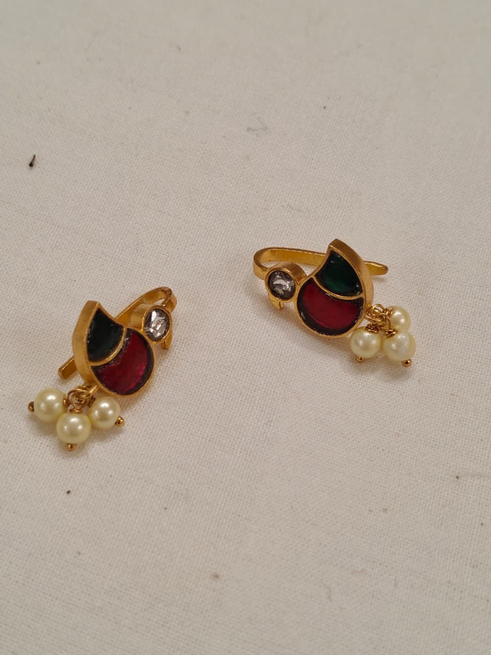 Little Birds silver ear clip ons / hooks in Pink and green stones with small pearl drops