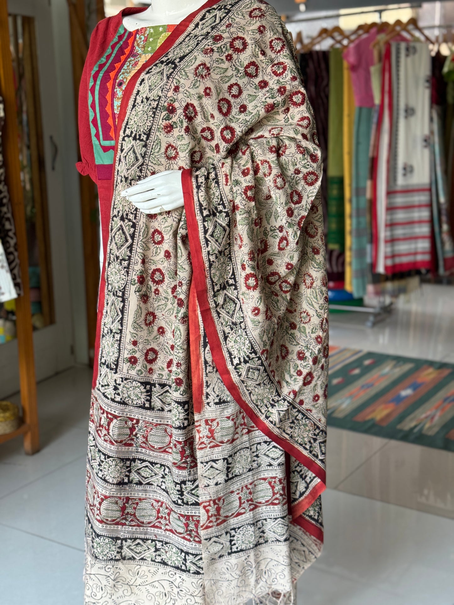 Beige with red floral design Kalamkari hand block printed art silk dupatta