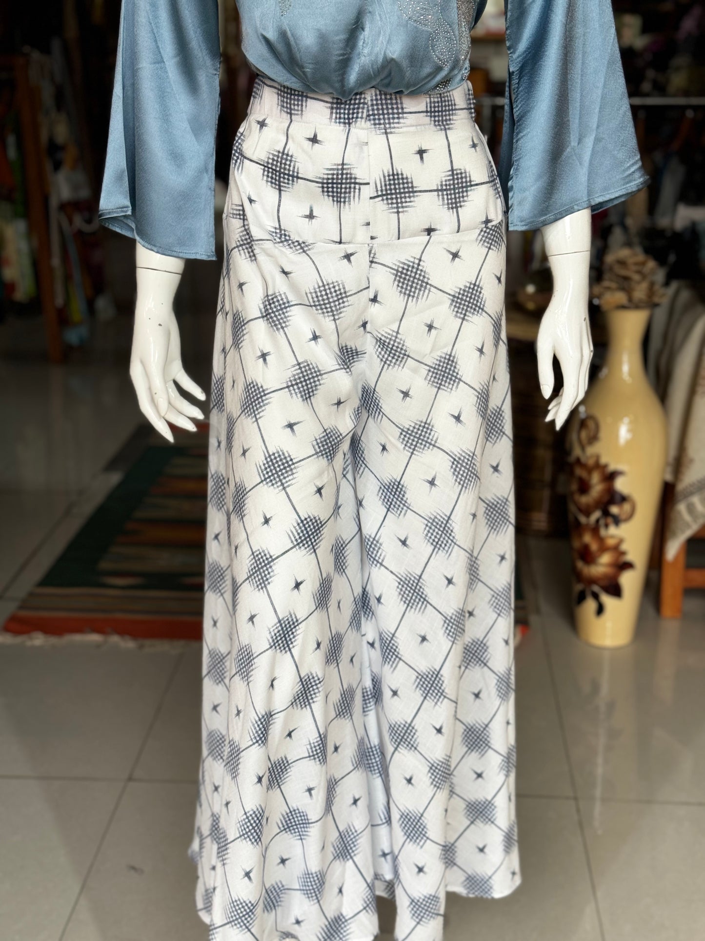 White and blue rayon free sized umbrella style pants