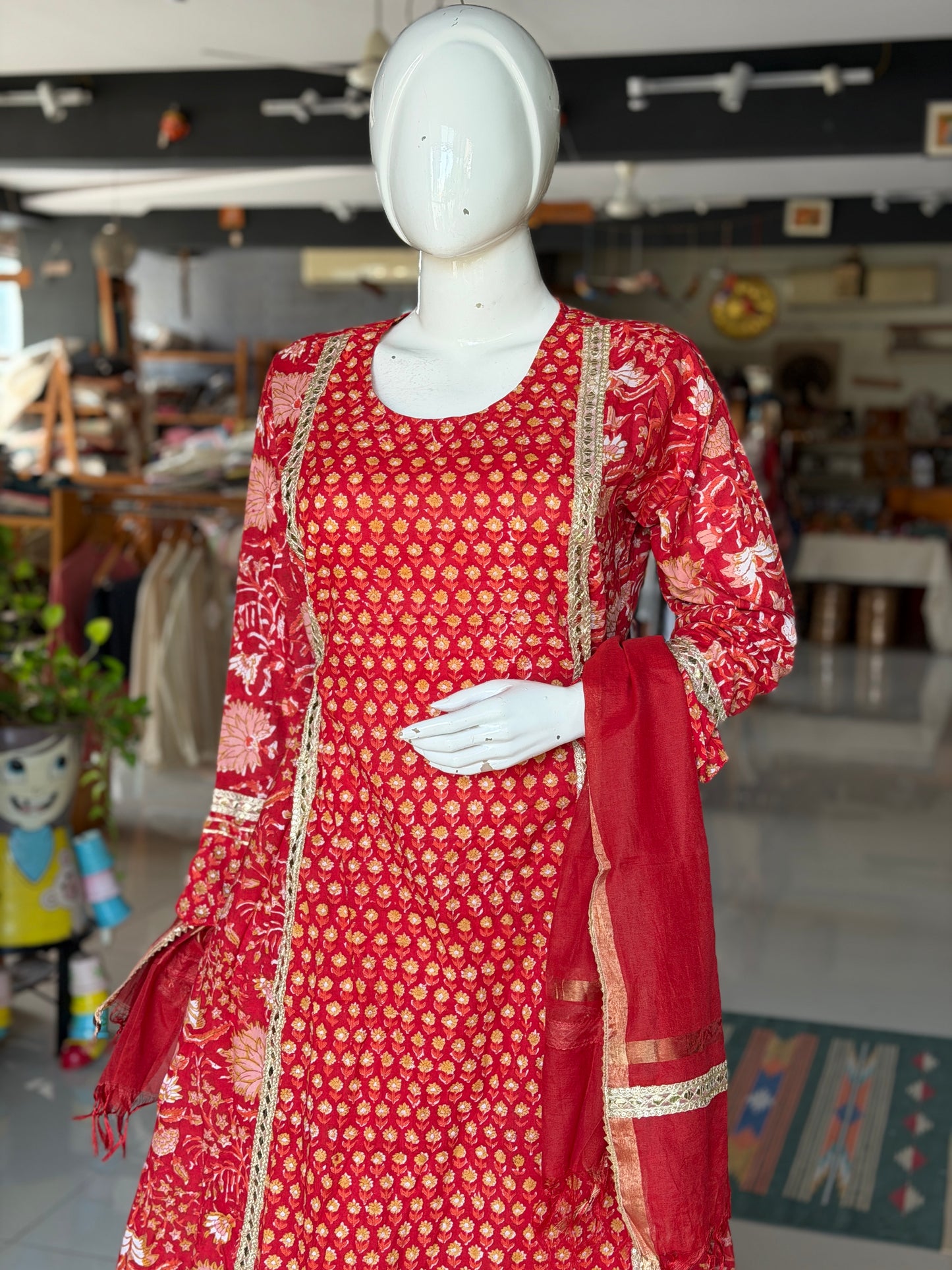 Red floral hand block print with lace detailing flared kurti, pants and dupatta - 3 piece set