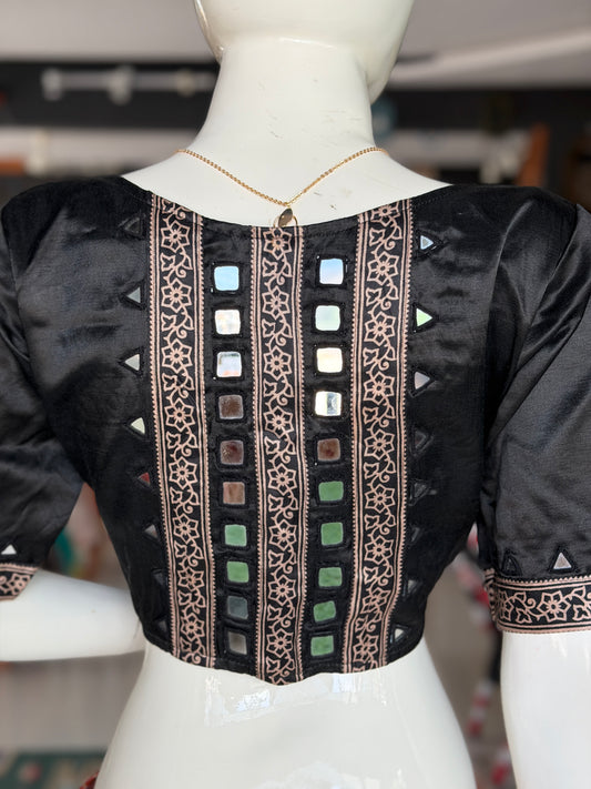 Black mashru Ajrakh blouse with mirror work on back, sleeves and front neck line