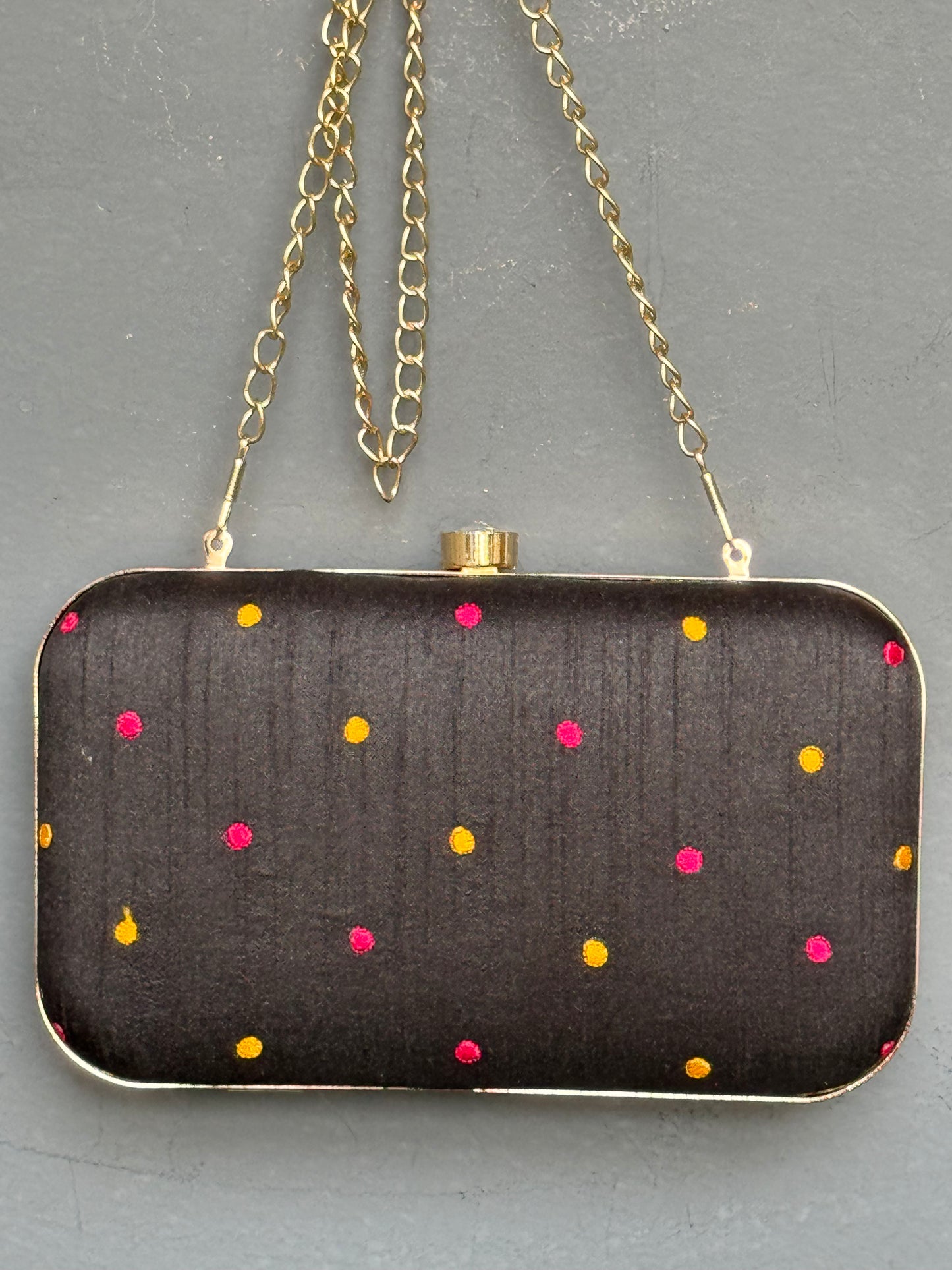 Black metallic box sling bag / clutch with multi coloured floral embroidery