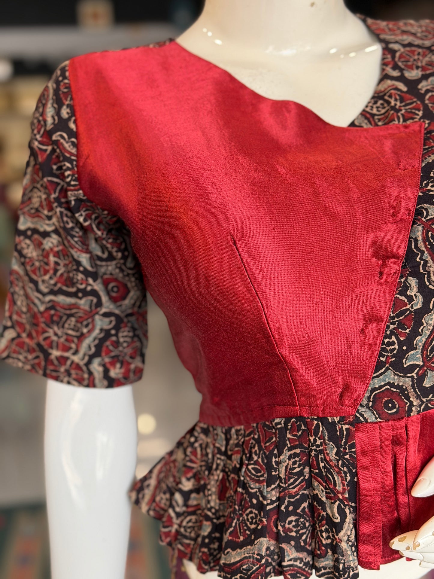 Black Ajrakh handblock printed elbow sleeved blouse with maroon mashru - peplum style crop top / blouse