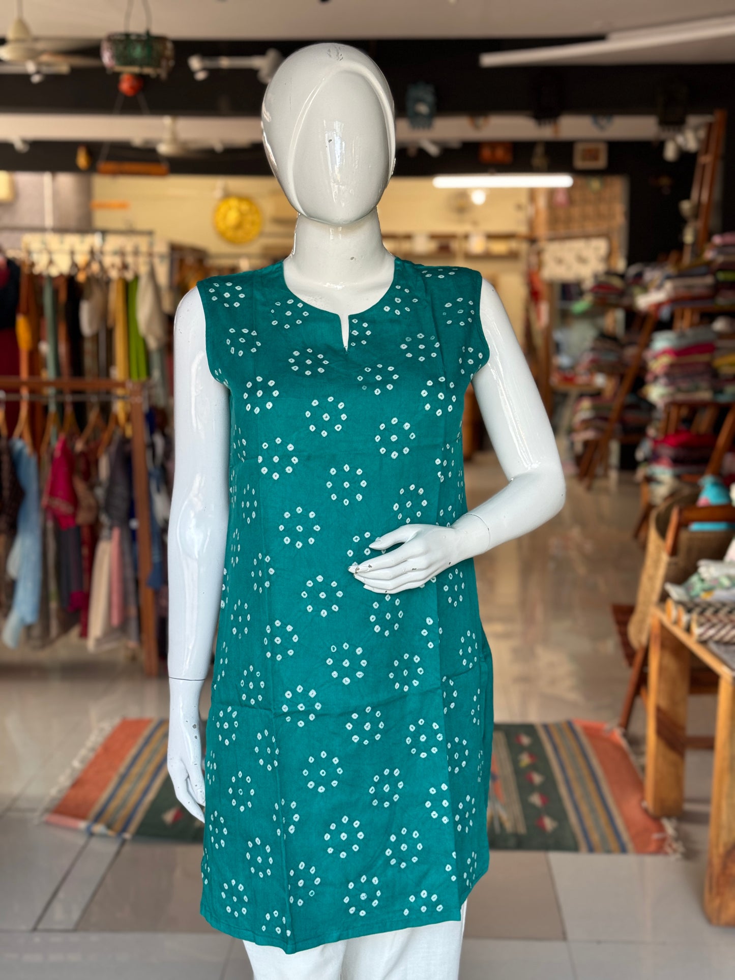 Sleeveless placement bandini tie n dye cotton tunic top / short kurti - multiple colors n designs available