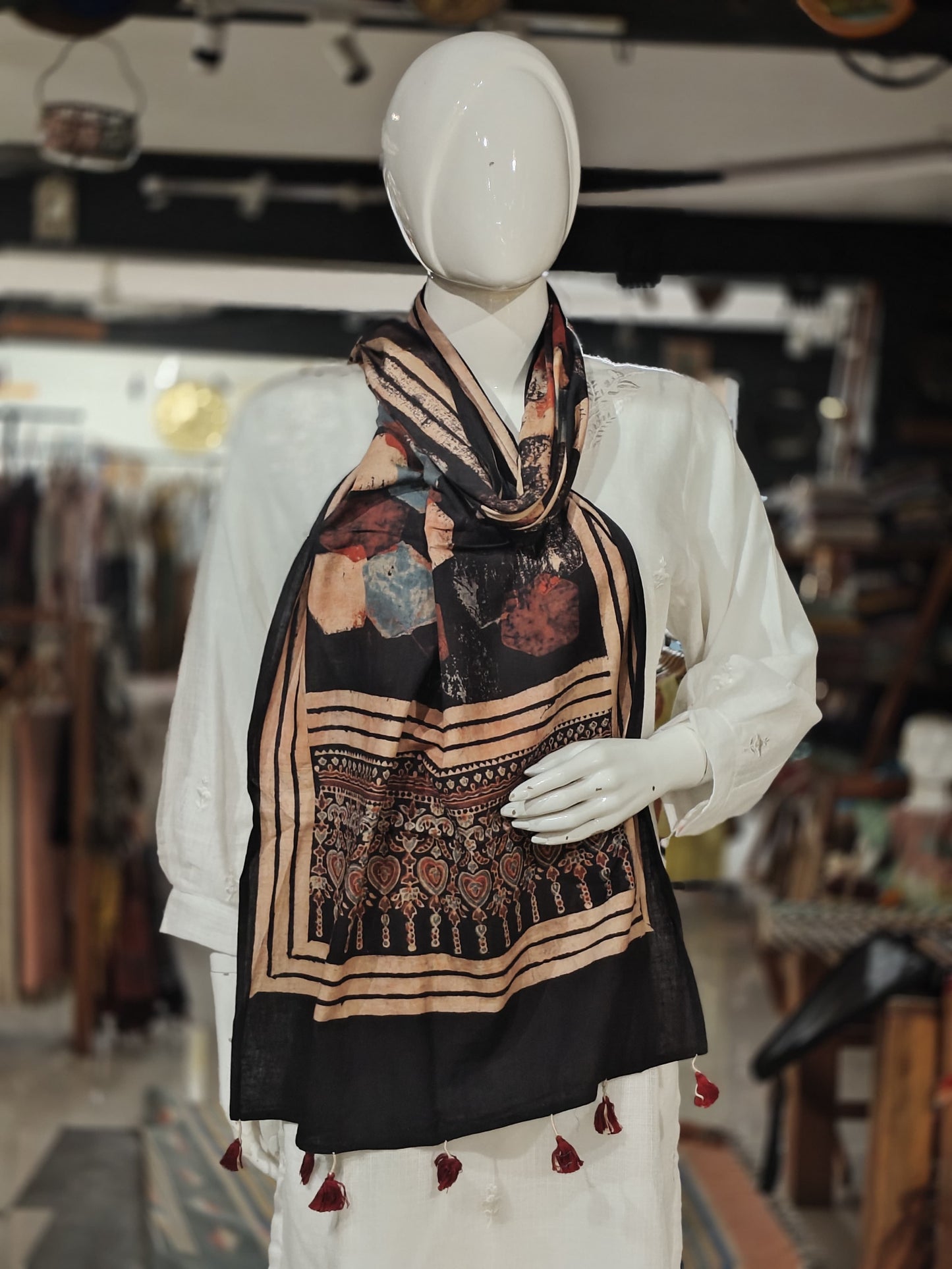 Ajrakh cotton stole - hand block geometric prints