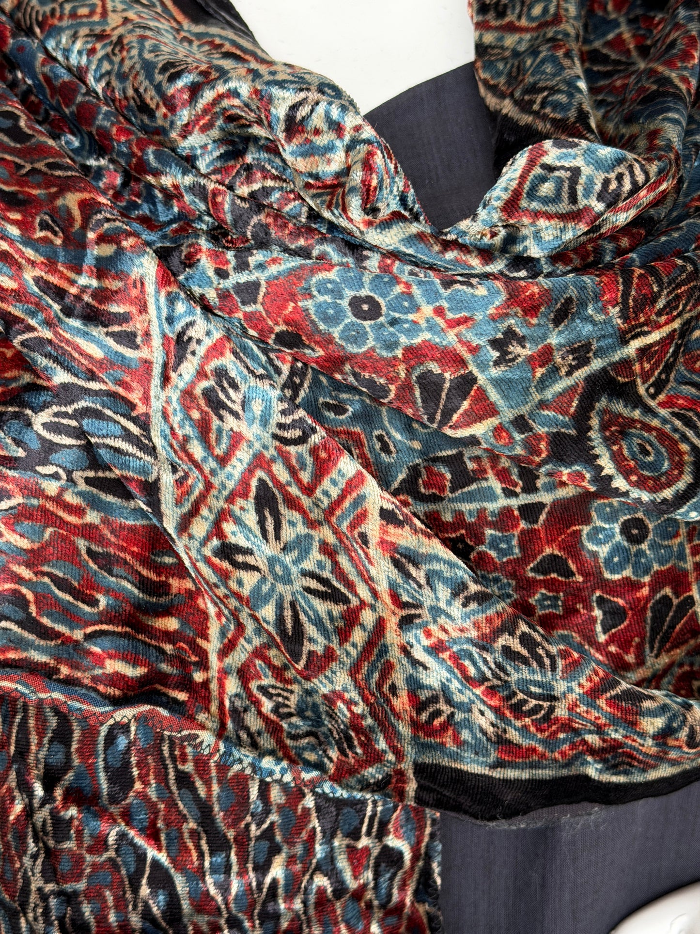 Luxurious Ajrakh hand block printed velvet stole