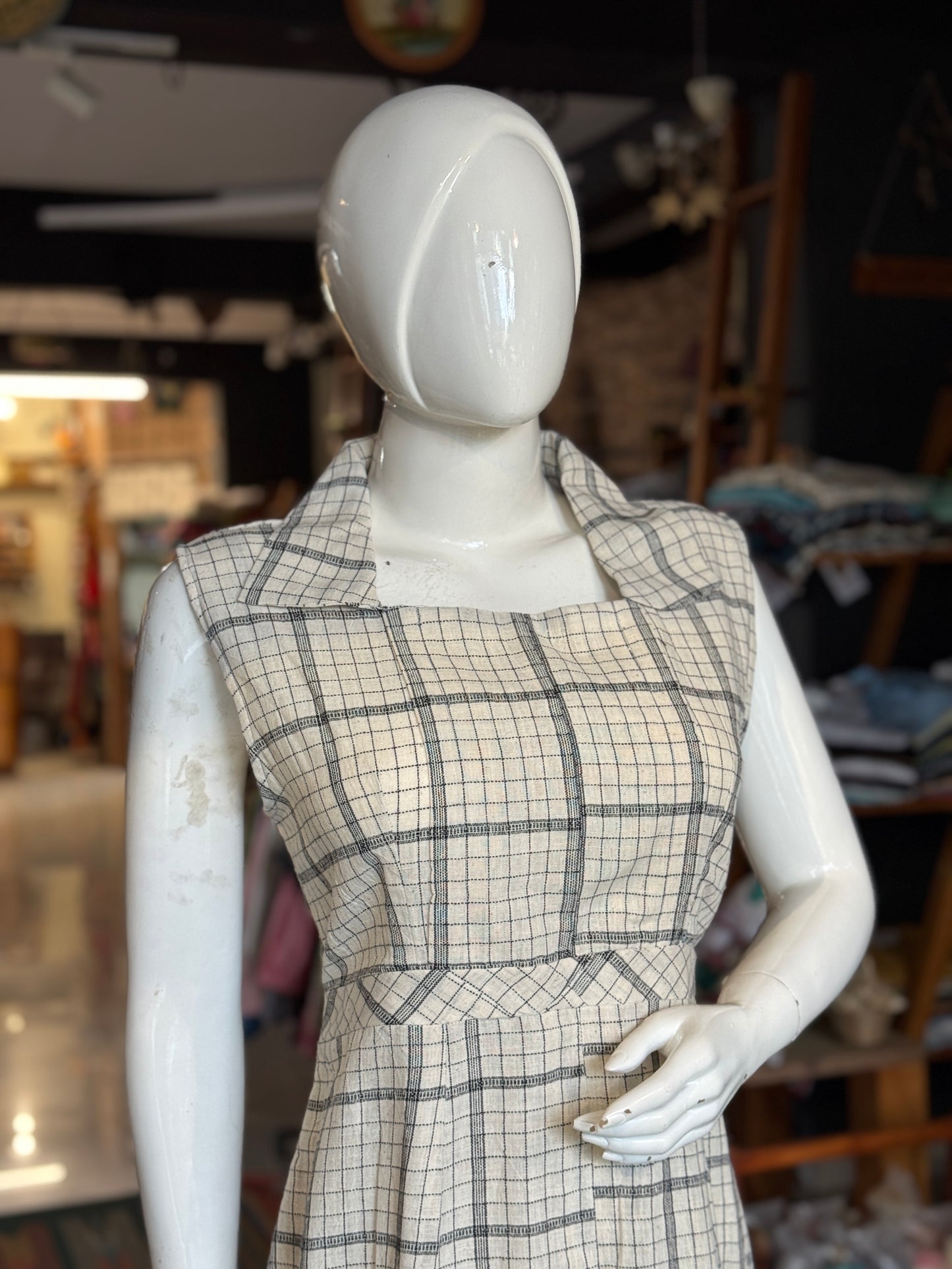 Off white checks kala cotton, handwoven dress with collared square neck