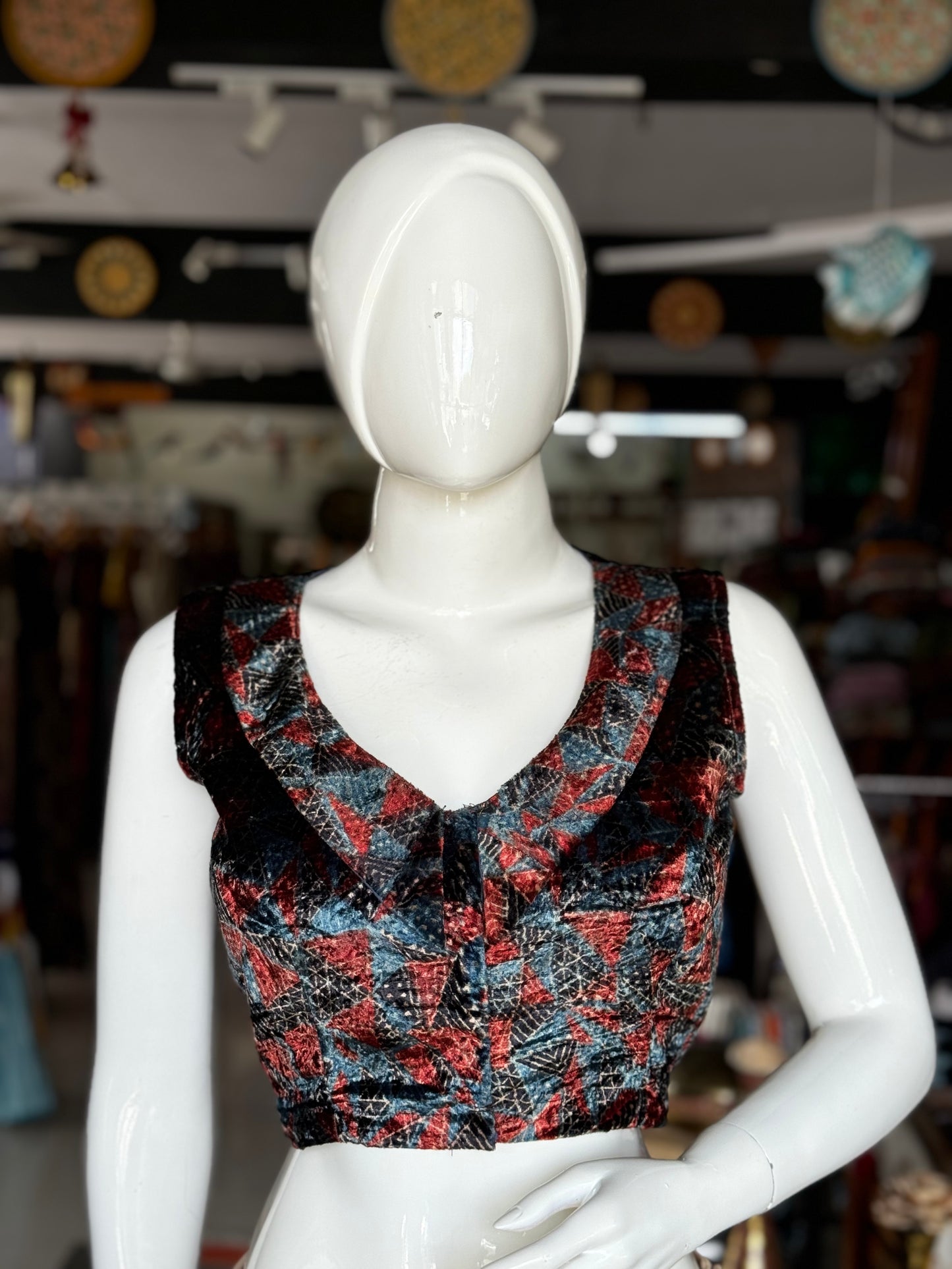 Blue and maroon luxurious velvet hand block printed ajrakh blouse with Peter Pan collar