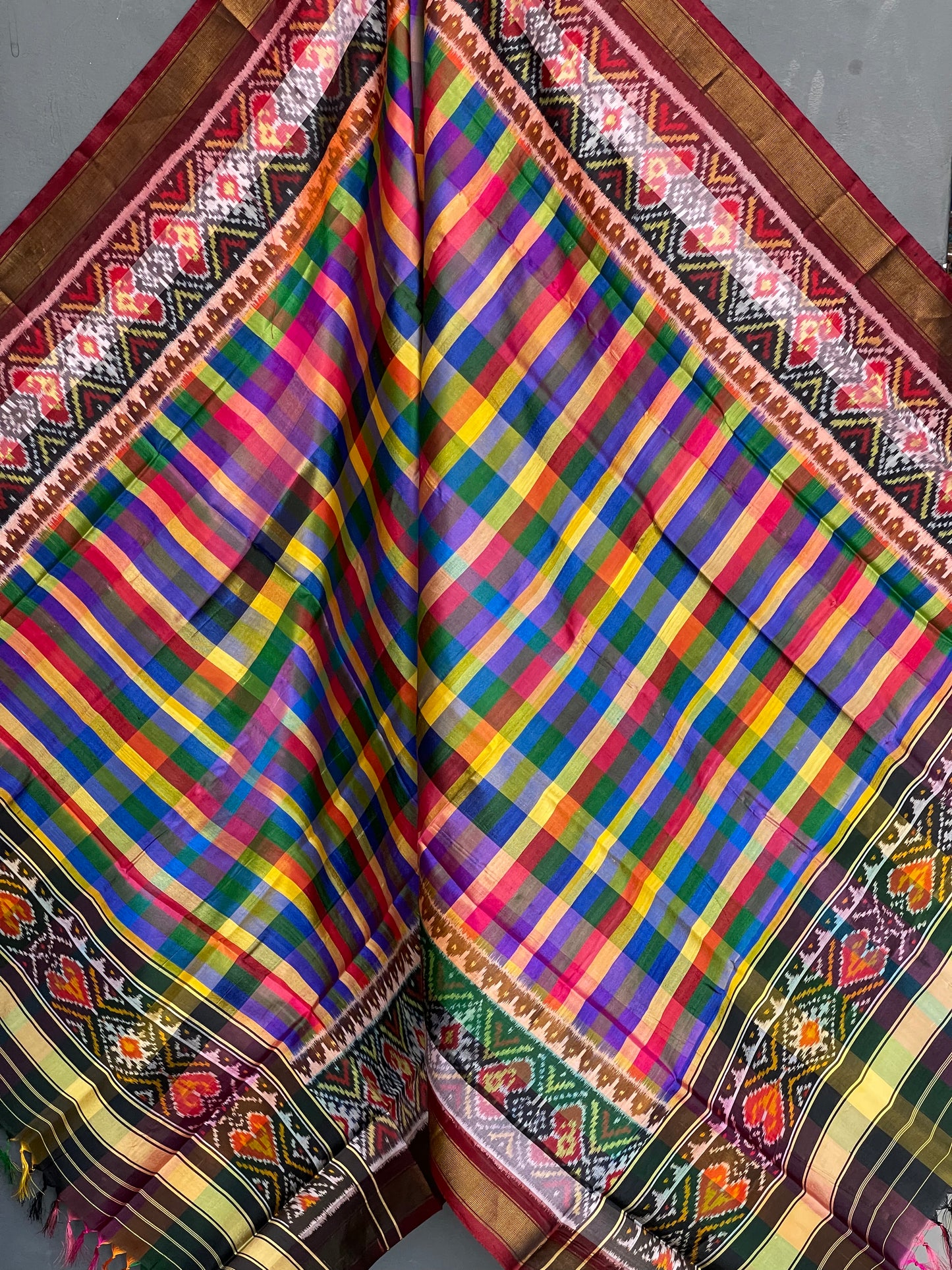 Vibrant multi coloured checks handwoven mulberry silk ikat patola dupatta