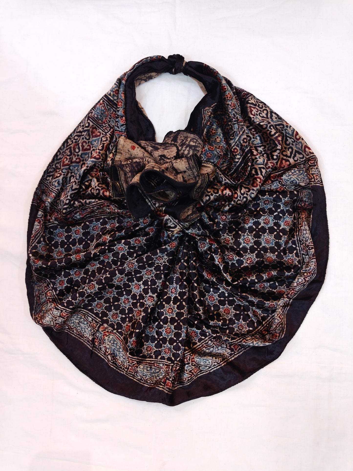 Black stars and hearts print velvet stole with hand block Ajrakh prints
