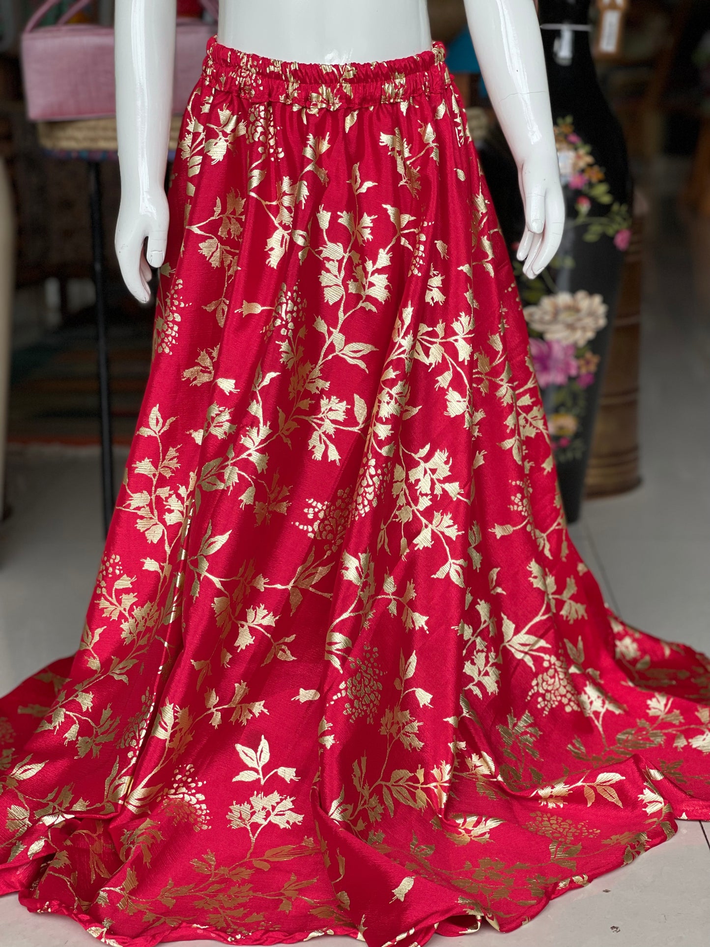 Red chinon gold print lehenga with gold brocade top