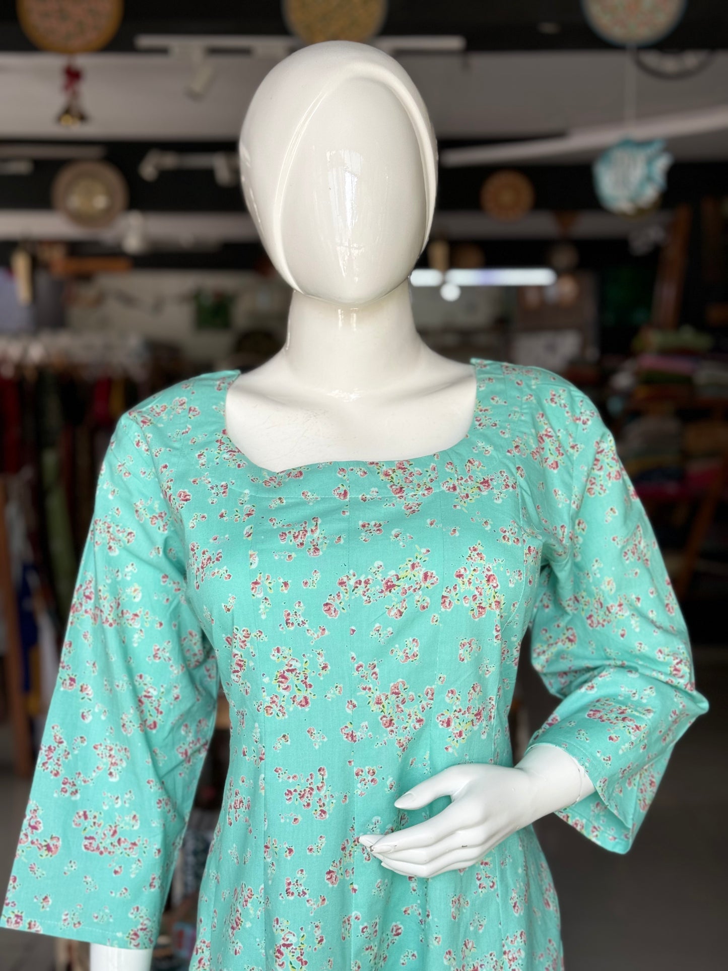 Sea green small flowers hand block printed cotton kalis dress