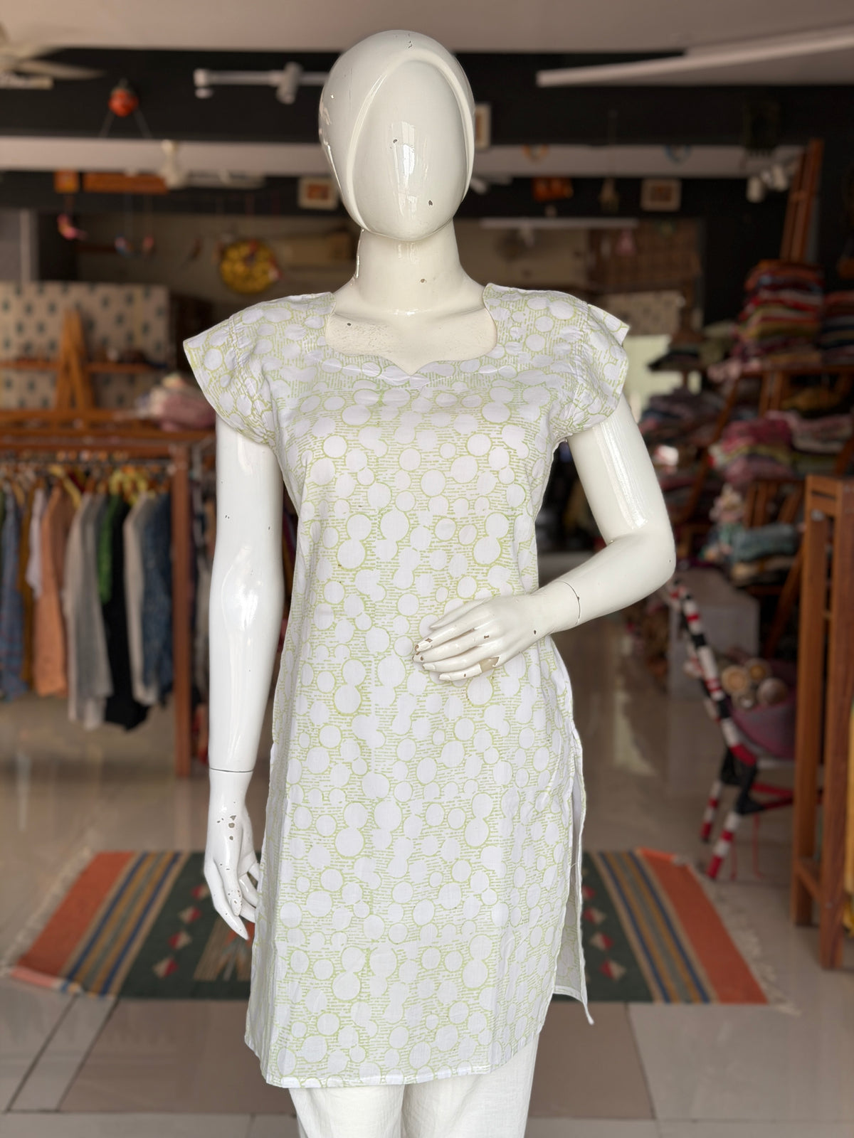 White hand block printed soft cotton kurti with green circles and lines design