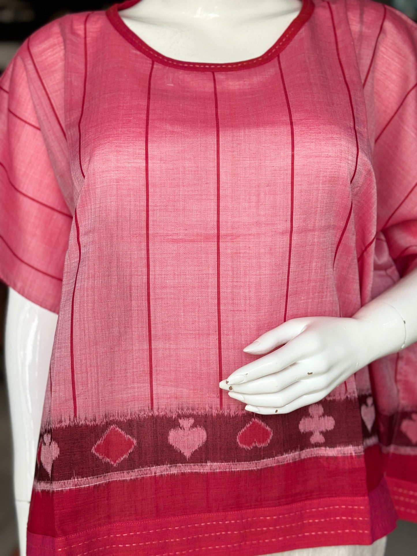 Reddish pink cotton handloom soft ikat kaftan taash cards design top with hand embroidery detailing