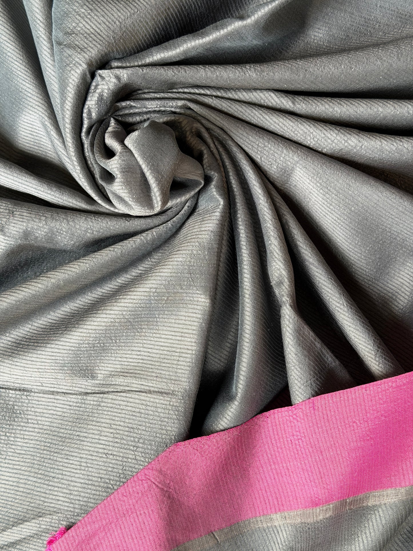 Greyish silver handwoven silk x hand spun cotton fabric with pink border
