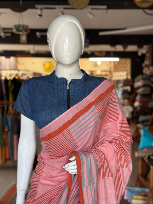 Pink orange circles and stripes cotton hand spun, hand woven, hand block printed saree