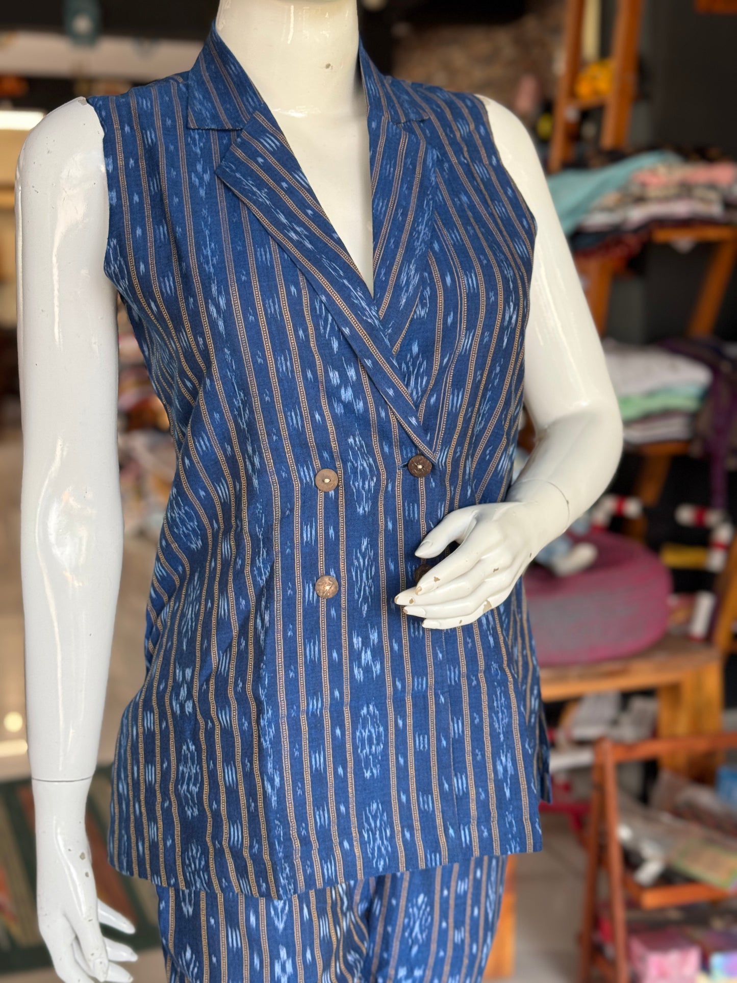 Blue Ikat handwoven collared cotton sleeveless gilet jacket top and pants coord set