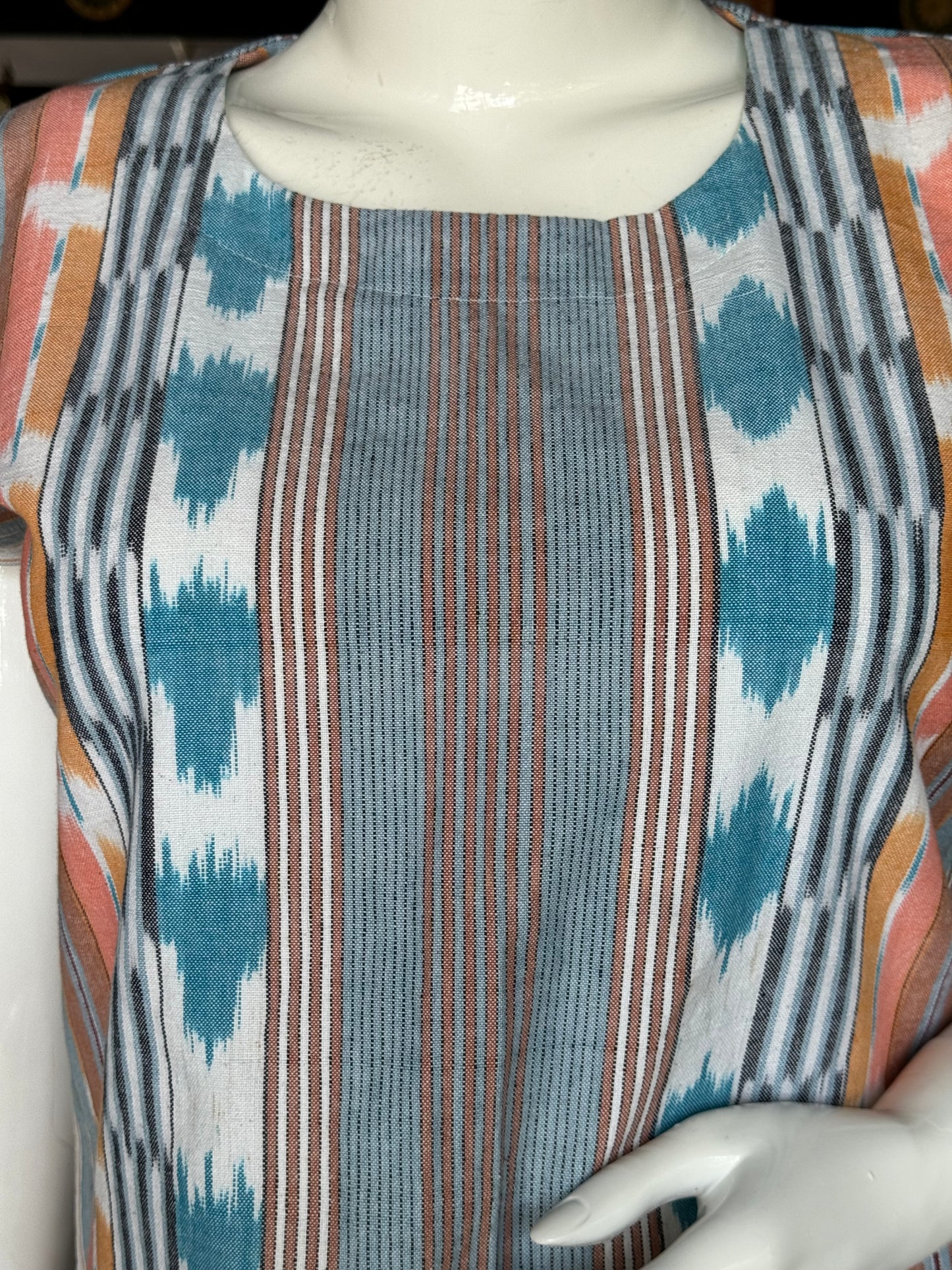 White and blue ikat weave relaxed fit handloom cotton top