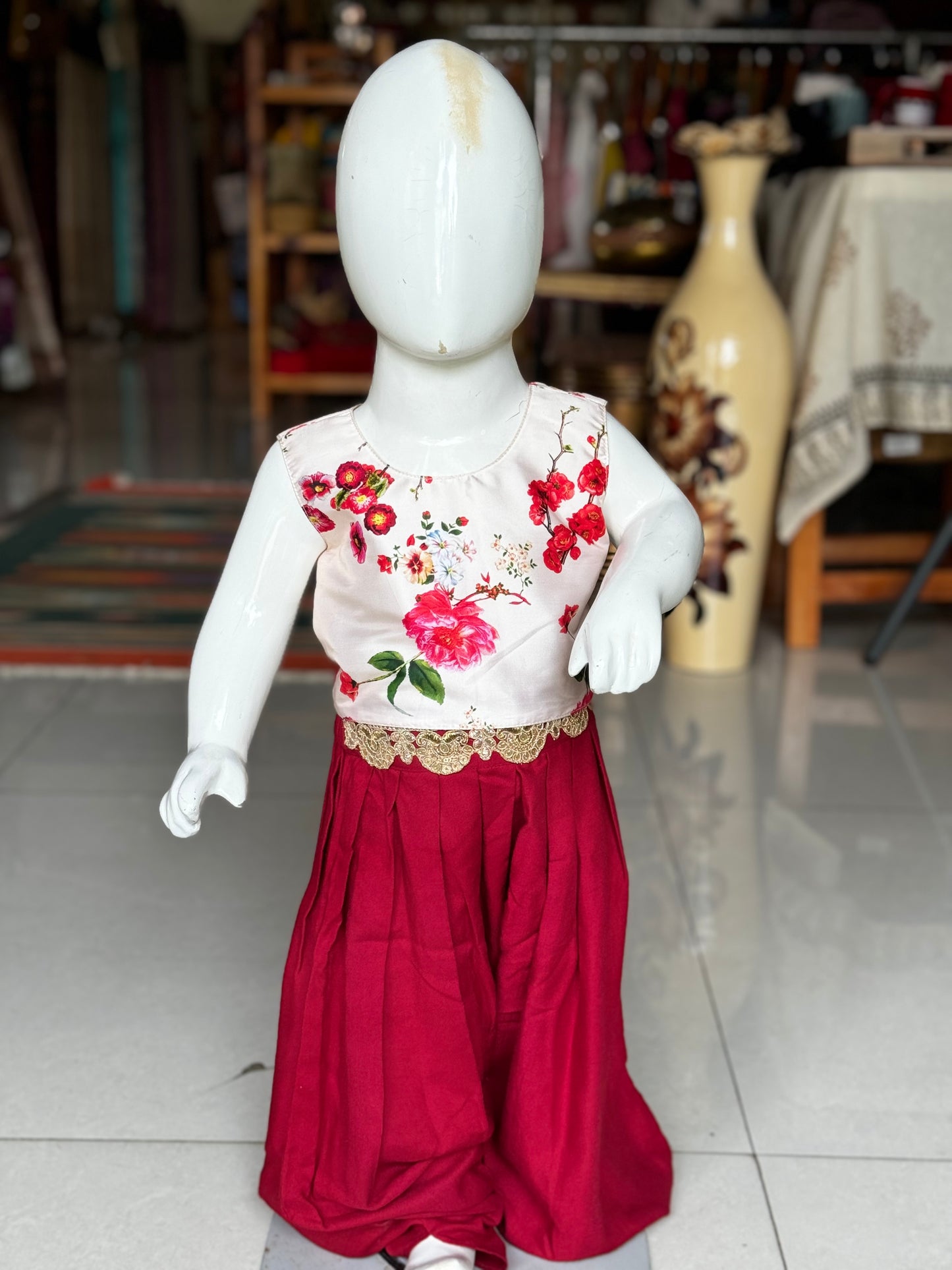 Maroon dhoti pants with light pink floral printed top - 2 piece set for girls