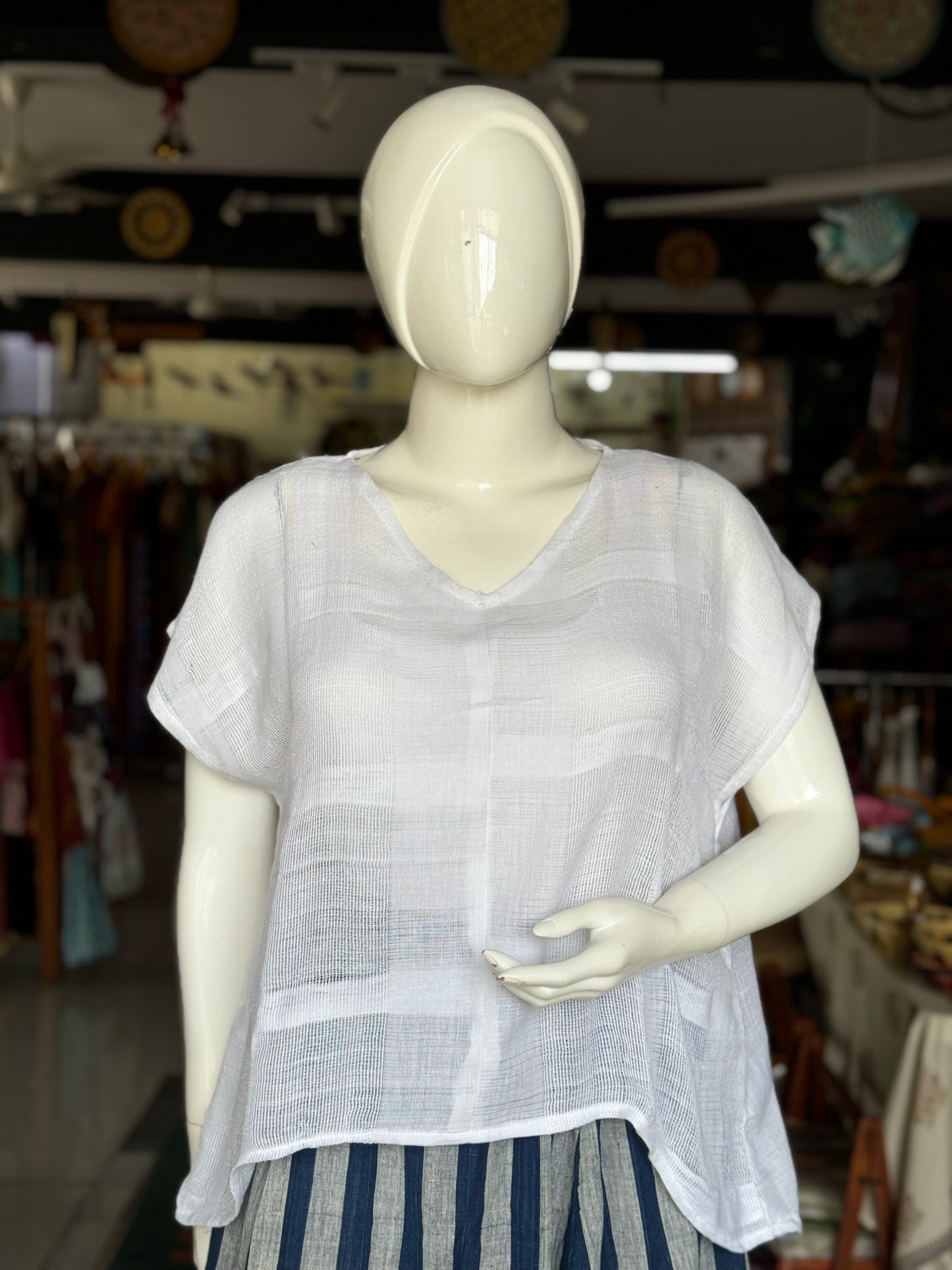 High low white cotton handloom net cotton top with shoulder sleeves