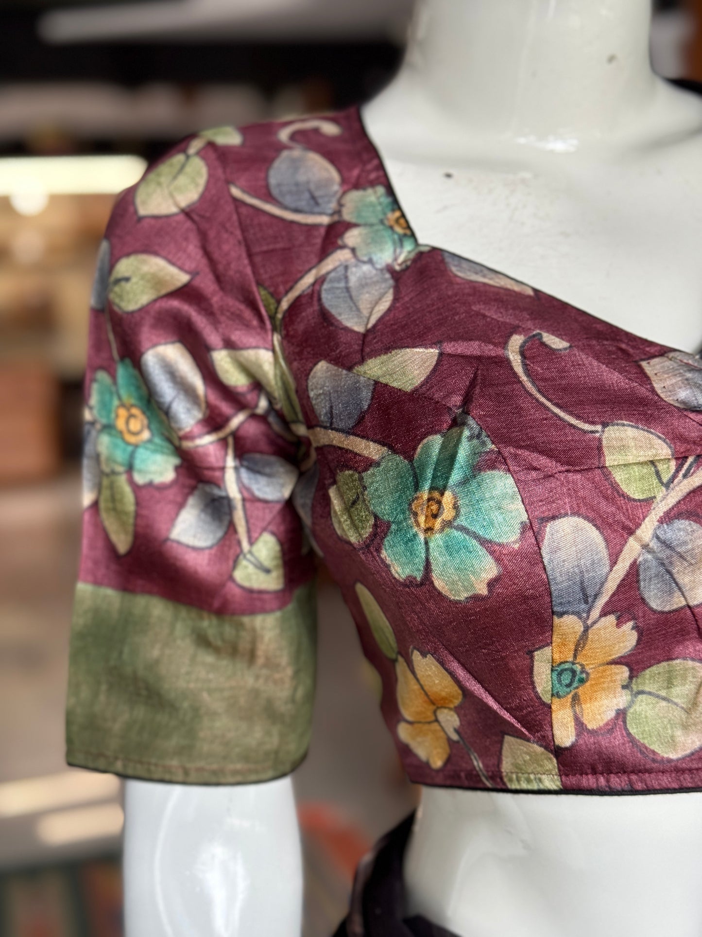 Wine tone leaves hand painted gachi tussar silk blouse