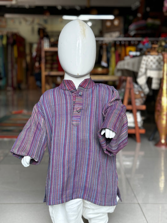 Lavender with multi color threads soft cotton handwoven long kurta for boys