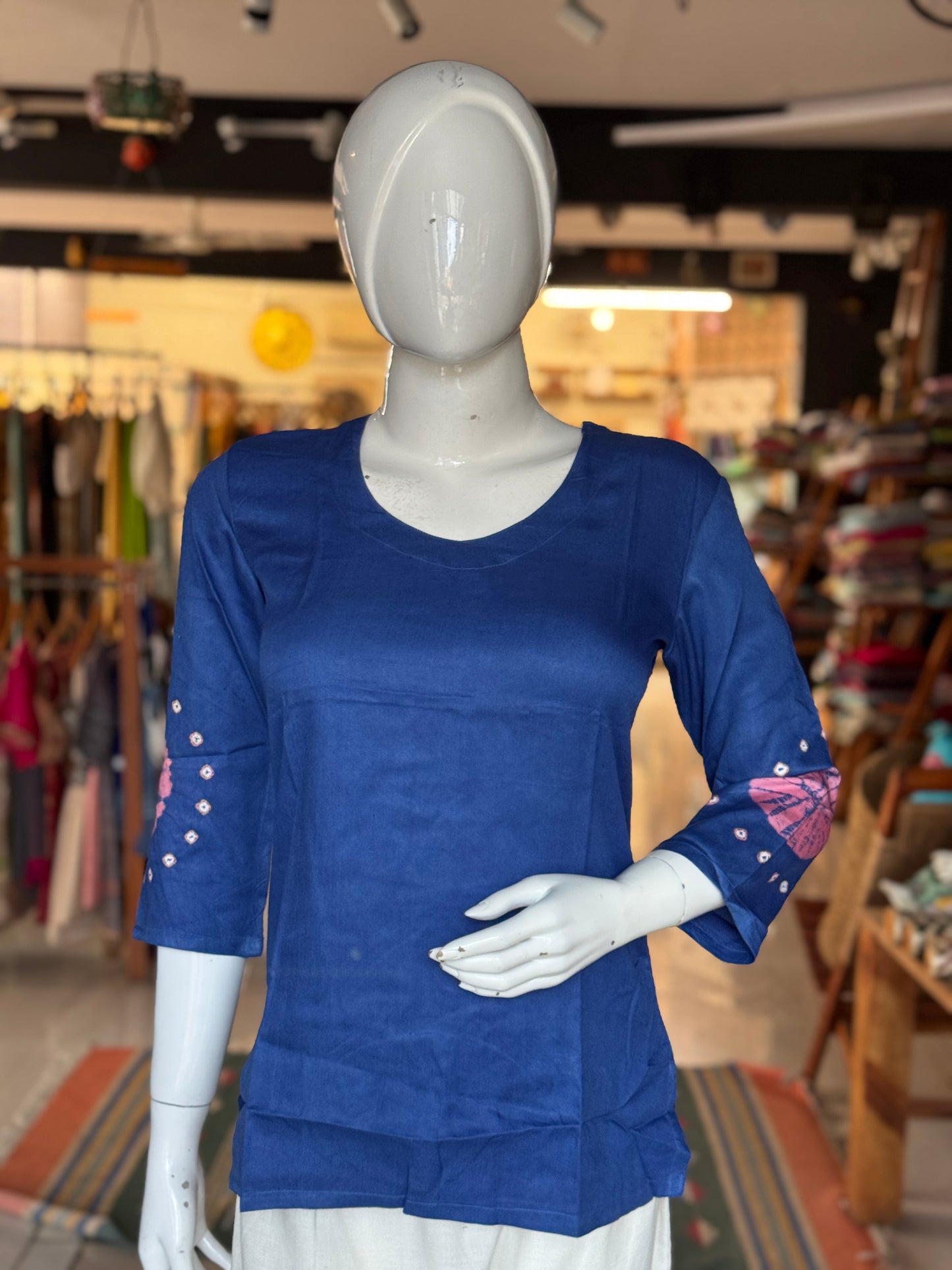 Placement bandini 3/4th sleeves tie n dye cotton tunic top / short kurti - multiple colors n designs available