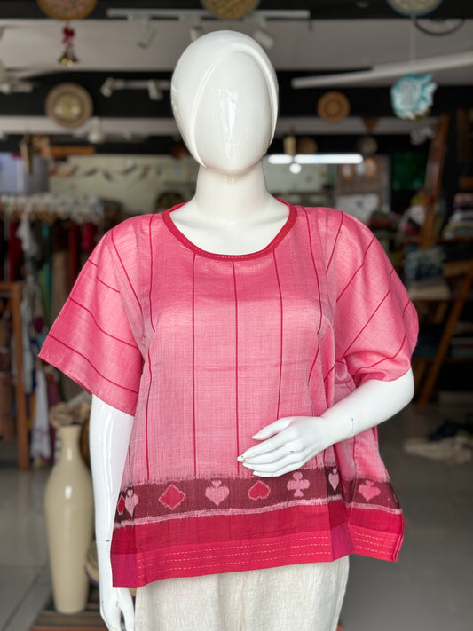 Reddish pink cotton handloom soft ikat kaftan taash cards design top with hand embroidery detailing