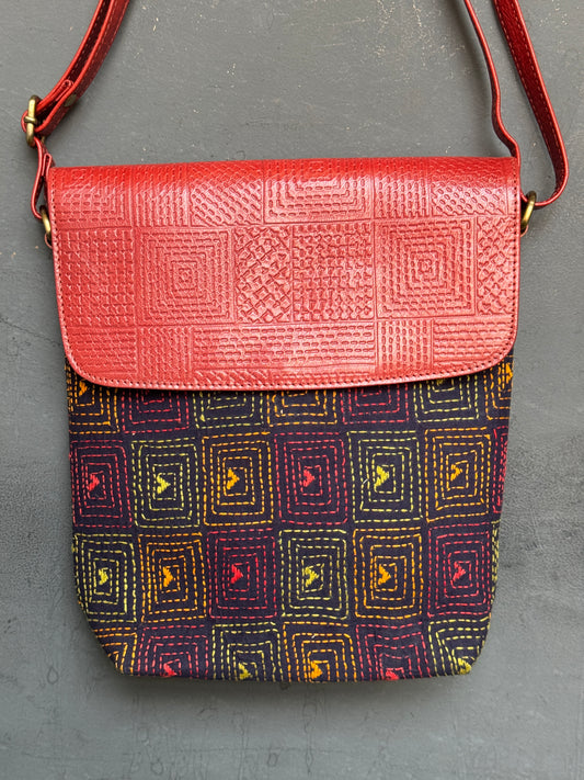 Sling bag - Kantha embroidered fabric with embossed leather flap - hand crafted adjustable length bag