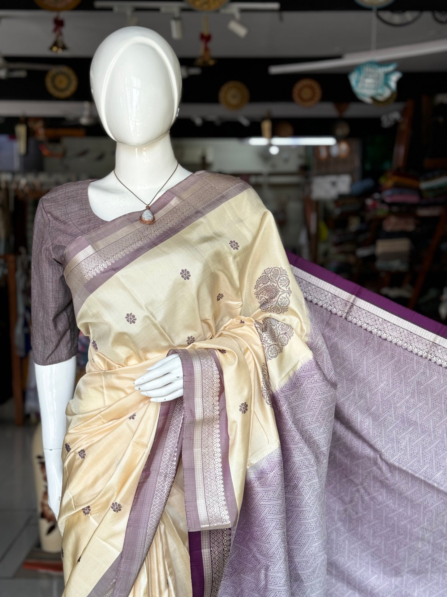 Cream pure silk Kodiyala handloom saree with all over butis and purple palla