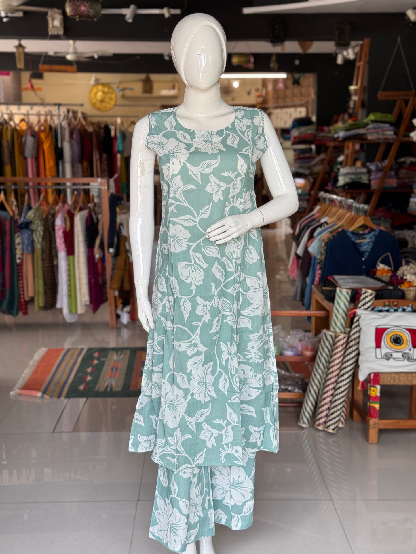 Floral print sleeveless cotton kurti, flared pants - coord set , 2 piece - multiple colors options