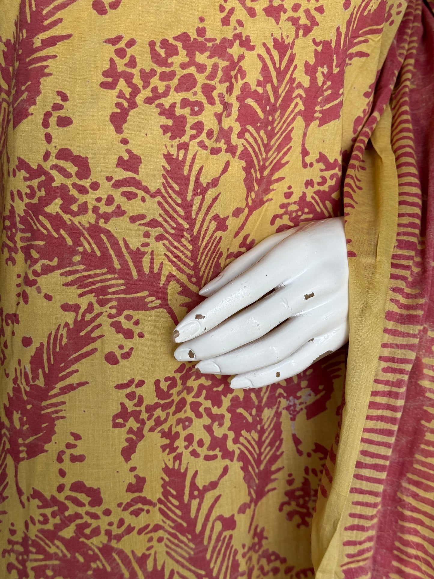 Yellow and pink leaf pattern soft batik cotton A-line kurta, dupatta and pants -  3 piece suit set