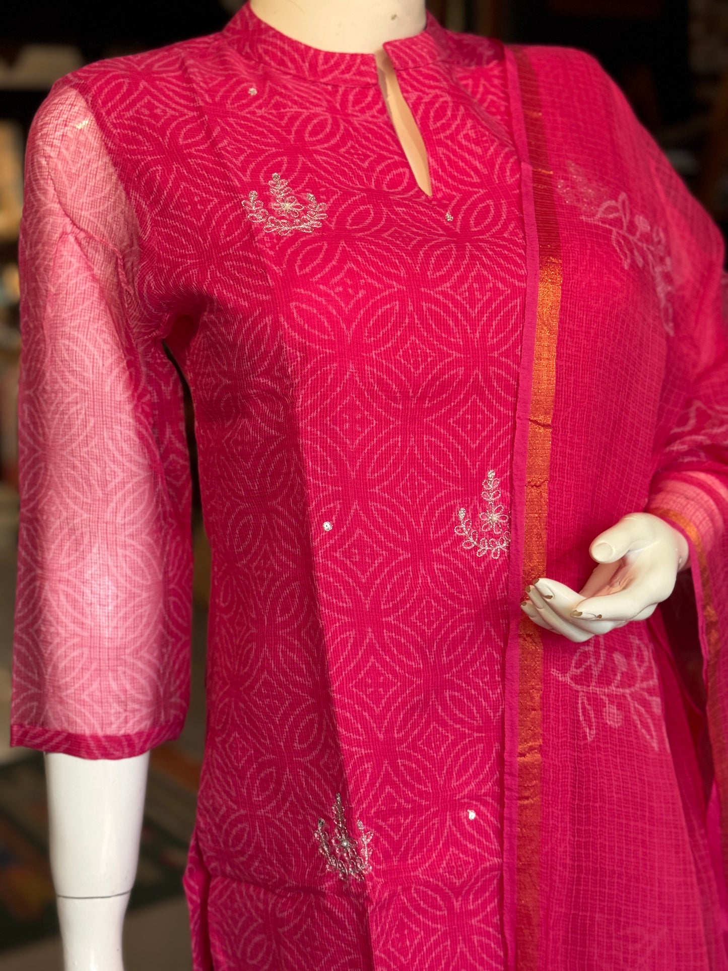 Pink hand block printed kota cotton straight kurti, pants and dupatta set - with hand embroidery