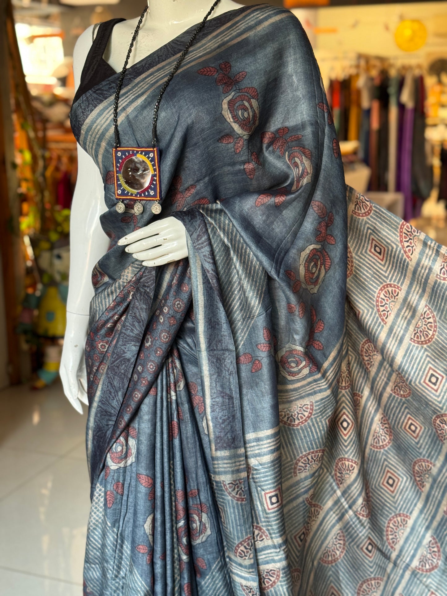 Indigo pure tussar silk handwoven saree with Ajrakh hand block prints