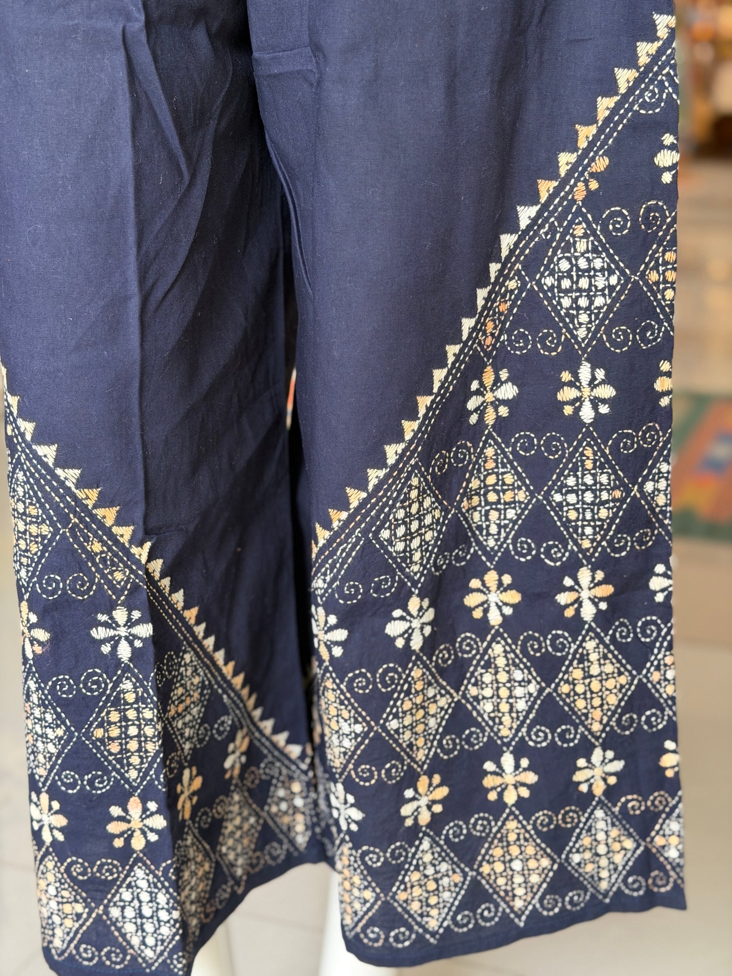 Kantha hand embroidered cotton poplin free size plazo with front pocket