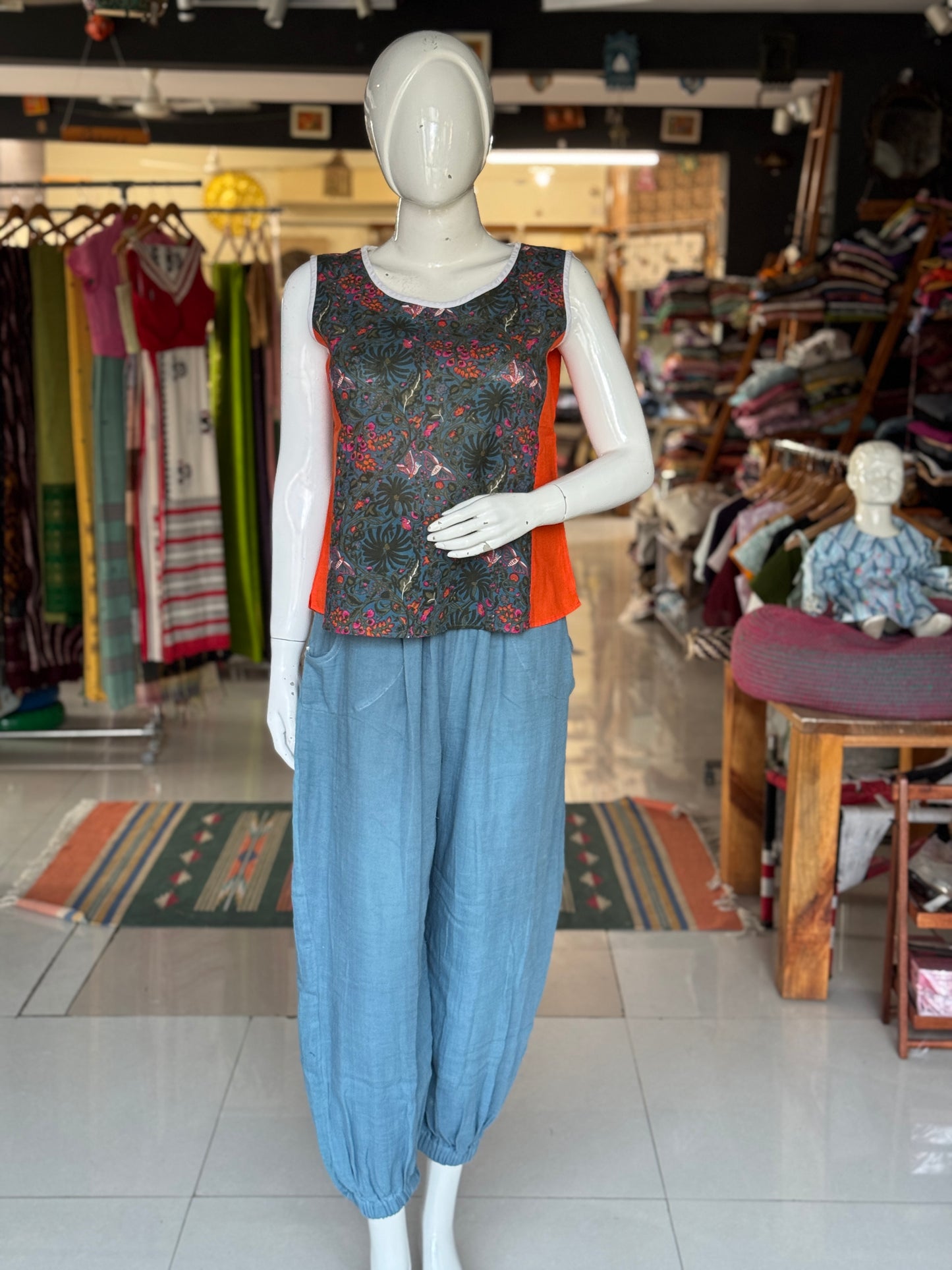 Teal blue soft double cotton harem pants for women with elastic hem