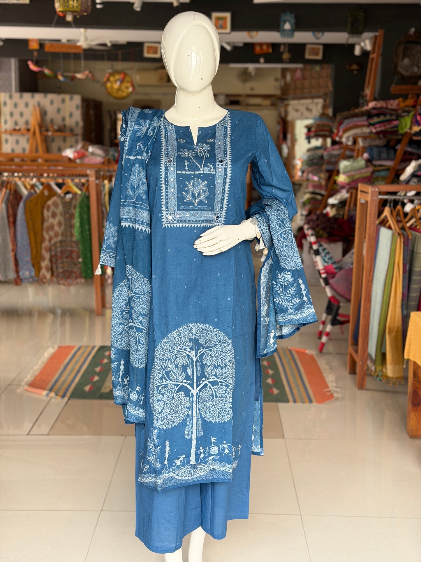 Blue mirror work, tree print straight kurti, pants and dupatta - 3 piece set