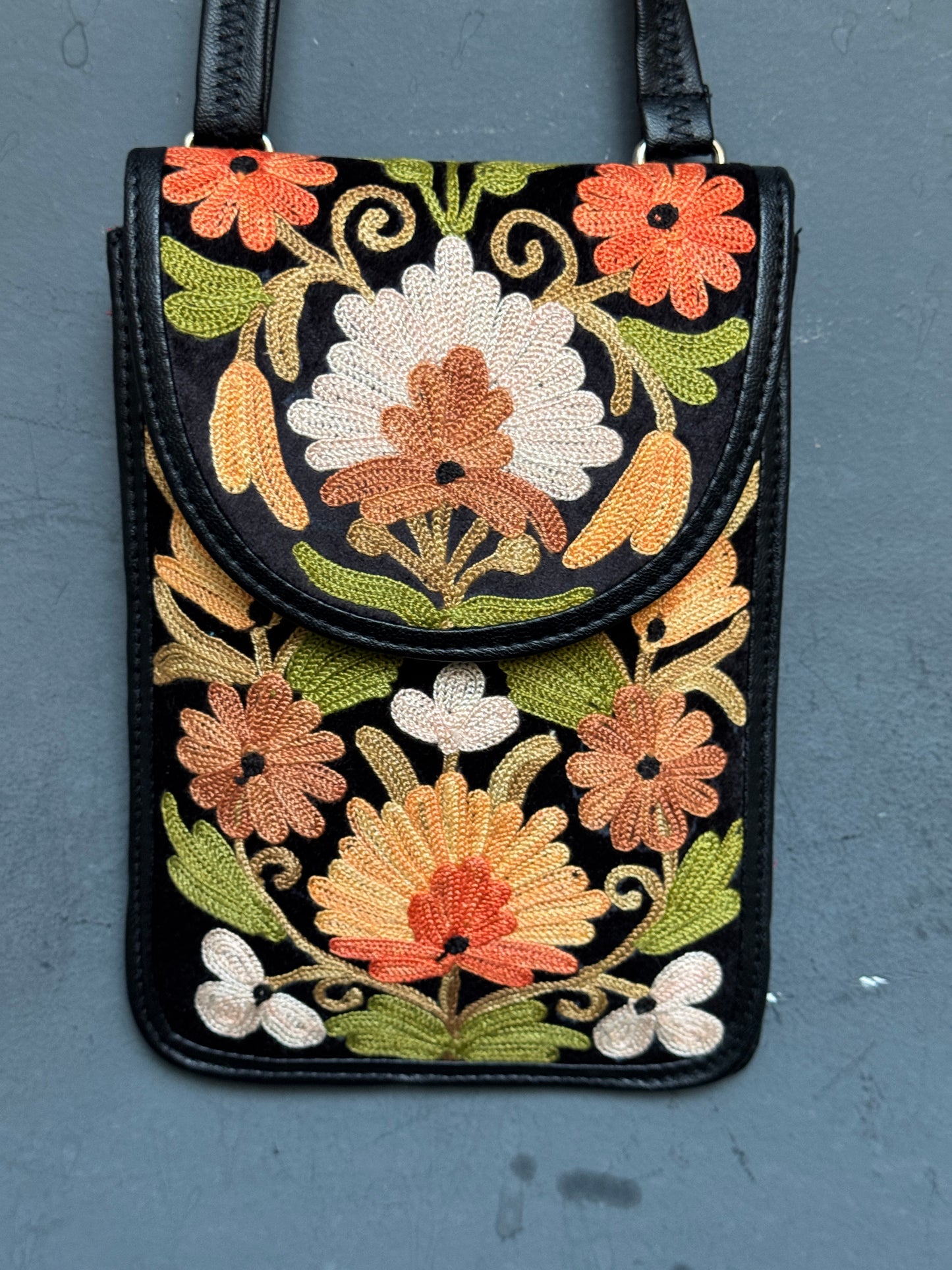 Mobile phone sling pouch - Kashmiri floral Aari embroidered with adjustable length strap and zippered back pocket - colors available
