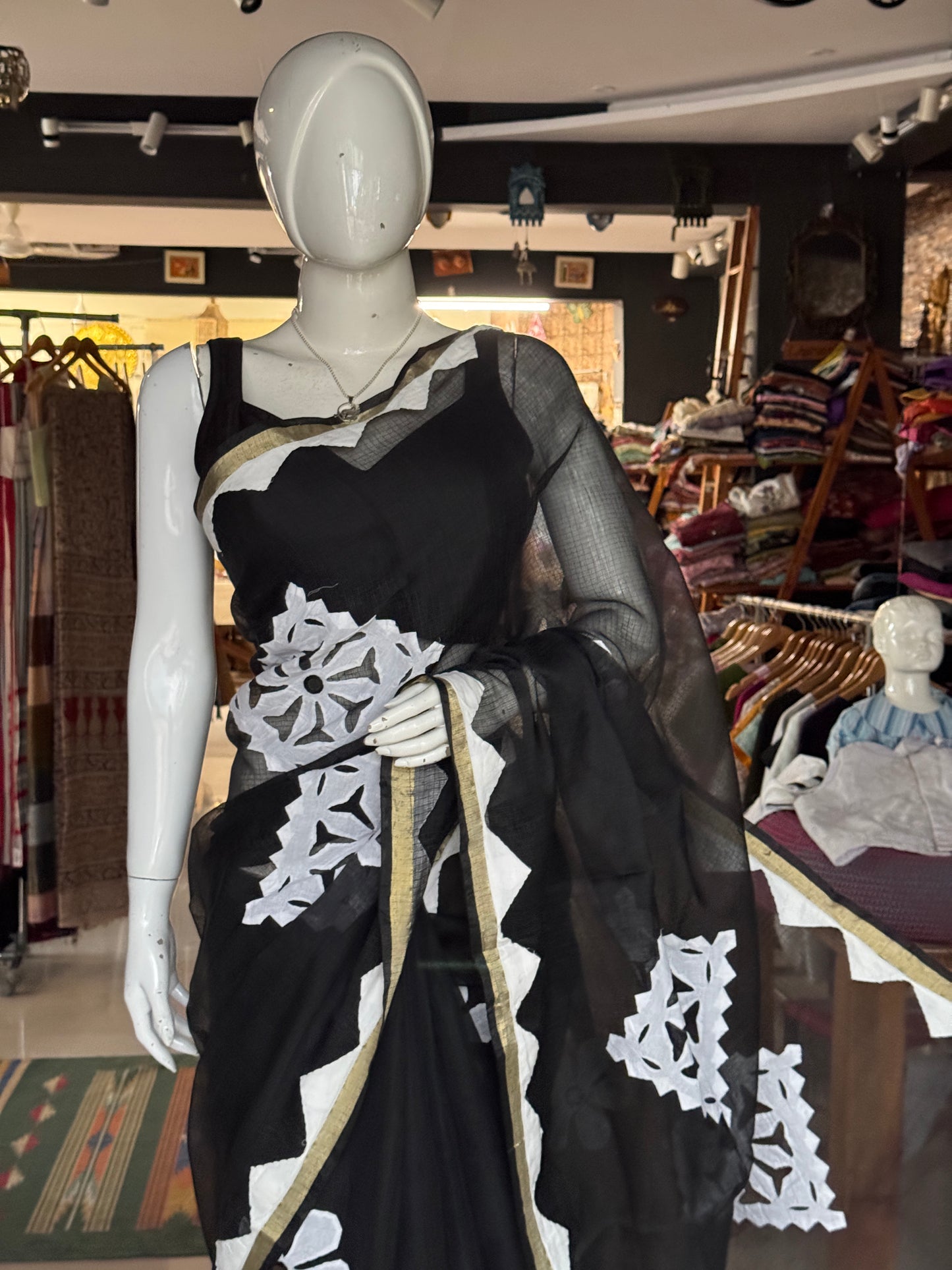 Black soft kota cotton saree with white flowers Applique patches