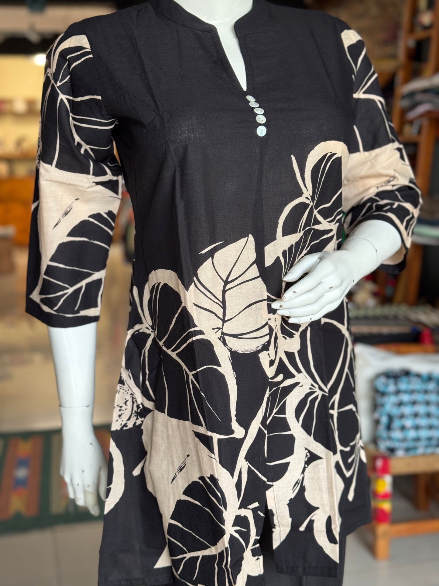 Black with leaves print band collared cotton top with long sleeves and pants - coord set