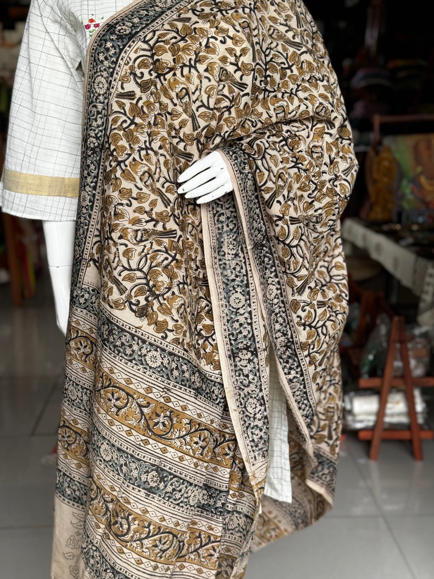 Off white cotton kalamkari handblock printed dupatta with natural dyes - black birds and flowers print