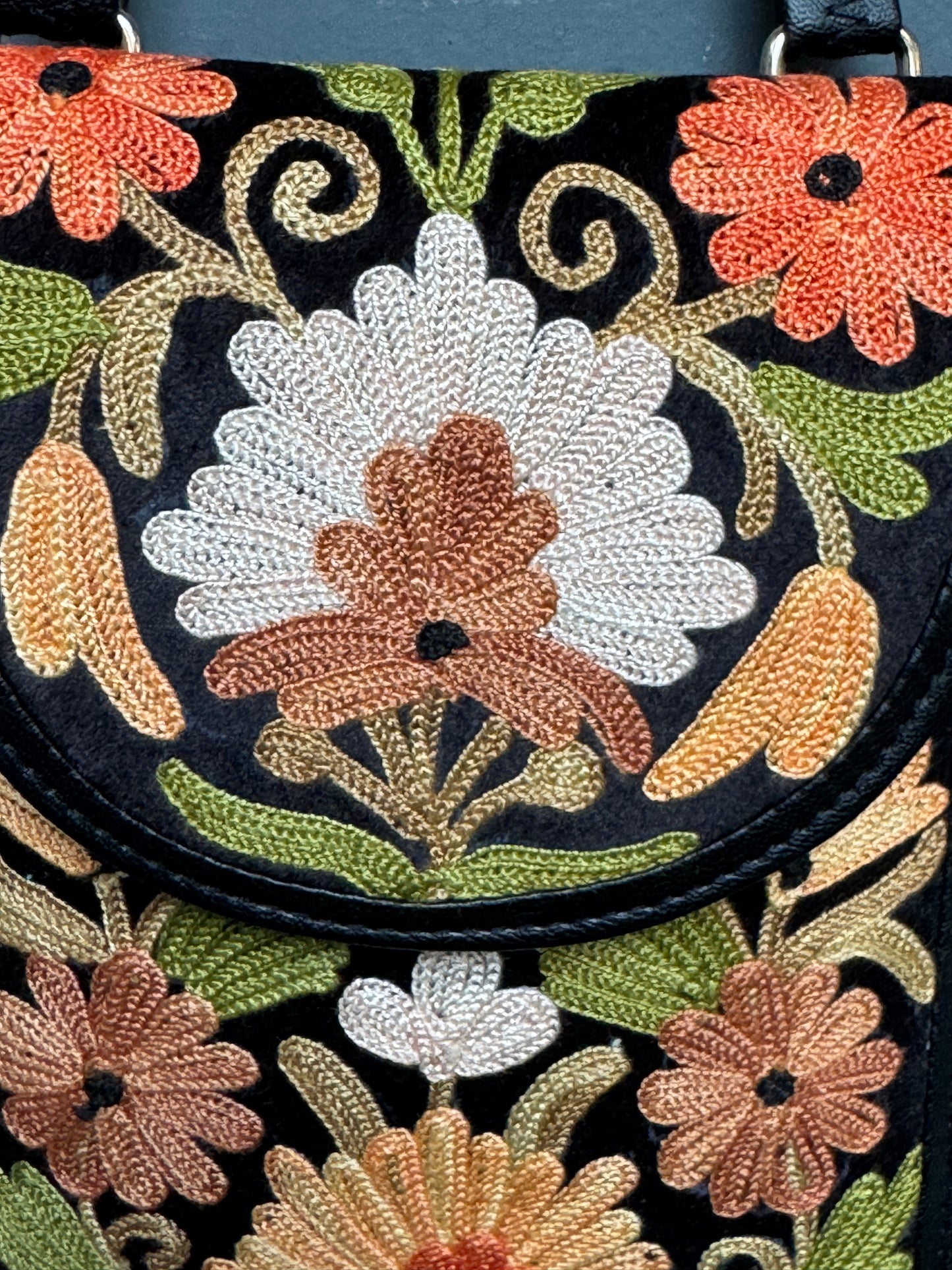 Mobile phone sling pouch - Kashmiri floral Aari embroidered with adjustable length strap and zippered back pocket - colors available