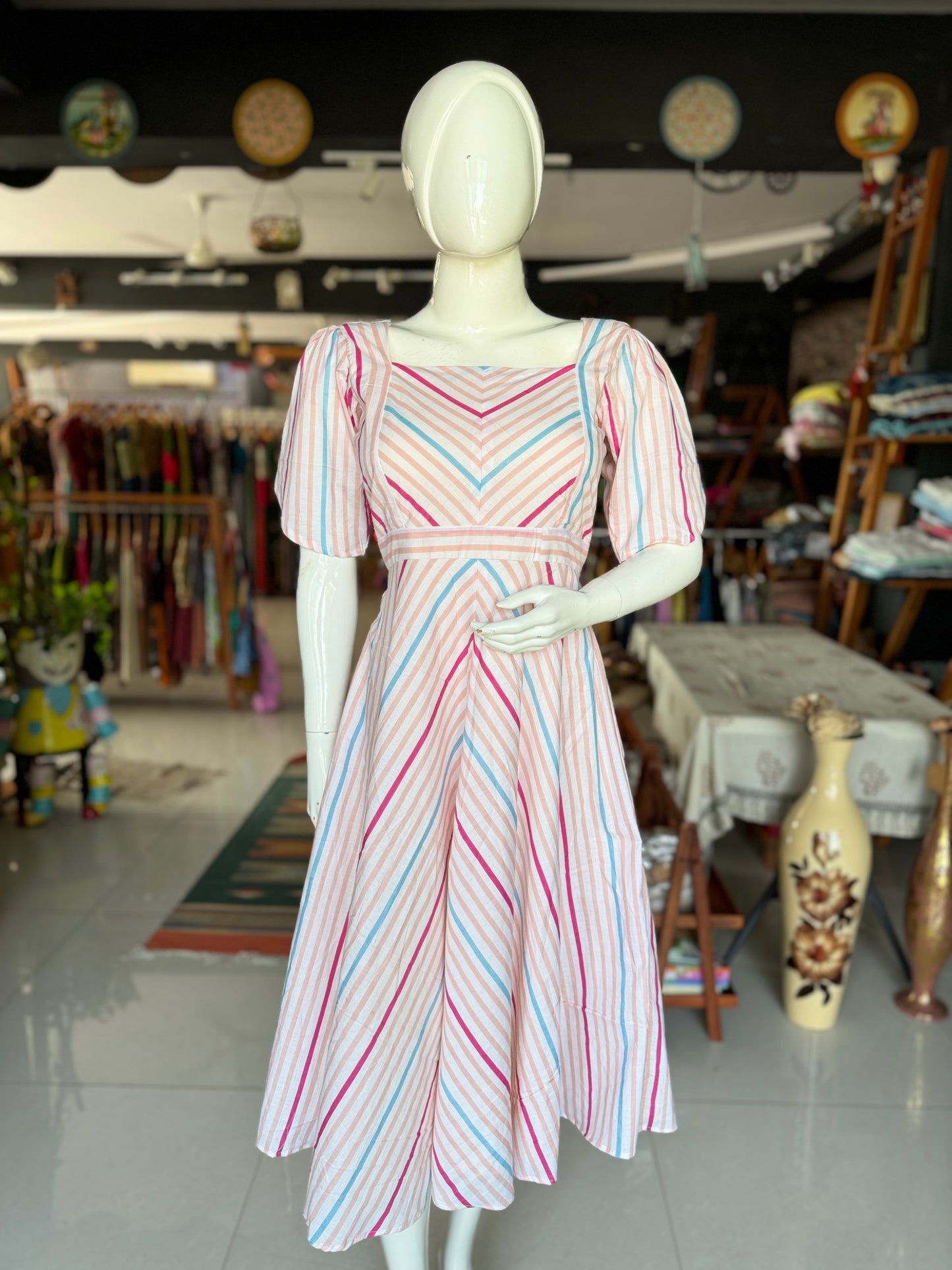 Colourful stripes on white soft cotton square neck dress with petal sleeves